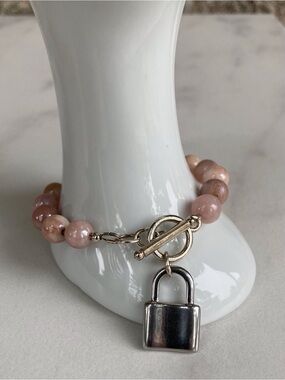 Natural Stone Blush / Rose / Peach Bracelet with Silver Padlock Charm 7”